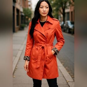 Joan Rivers 3/4 Trench Coat Bright Orange Leopard Lining With Belt Small